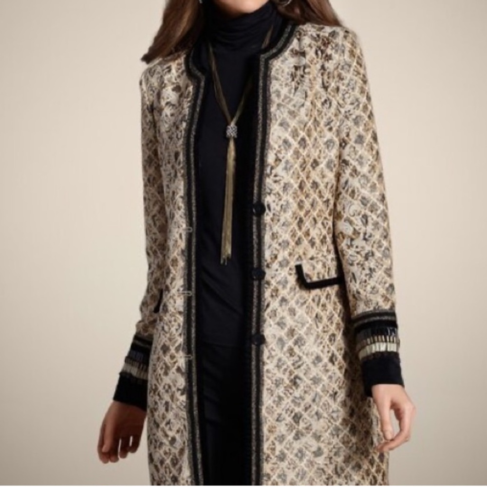 Chico’s ARTISAN ADELE JACKET JACQUARD TAPESTRY 4 Tan Black Gold BEADED VELVET